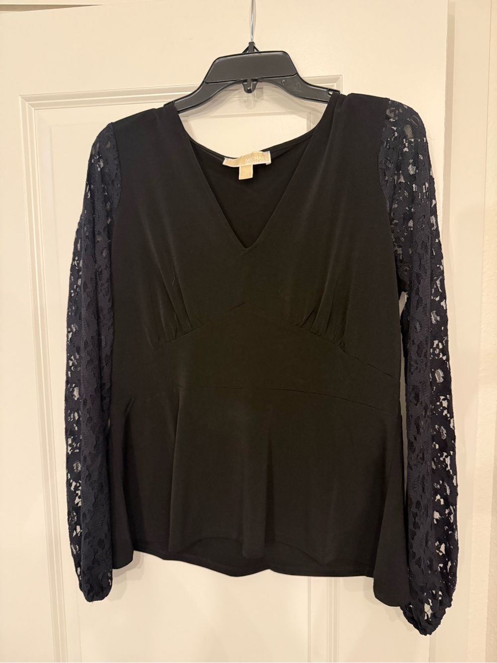 Michael Kors Black V-Neck Top with Navy Lace Sleeves